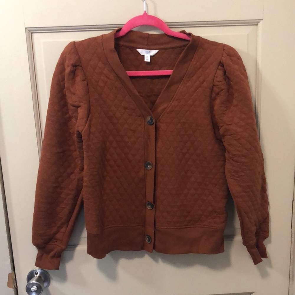 NWOT - Time and Tru - Brown Quilted Button-Up Sweater with Puffed Sleeves